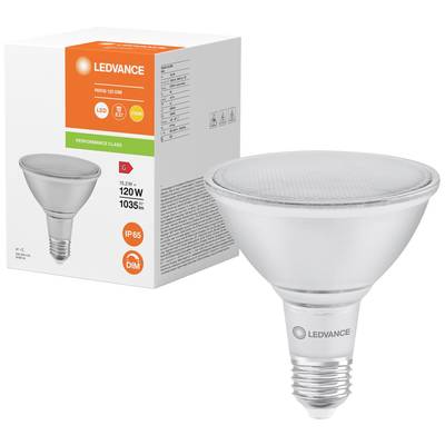 Une lampe LED de Ledvance à côté de son emballage. L'emballage affiche 'Performance Class', le symbole LED, IP65 et le symbole de variation d'intensité.
