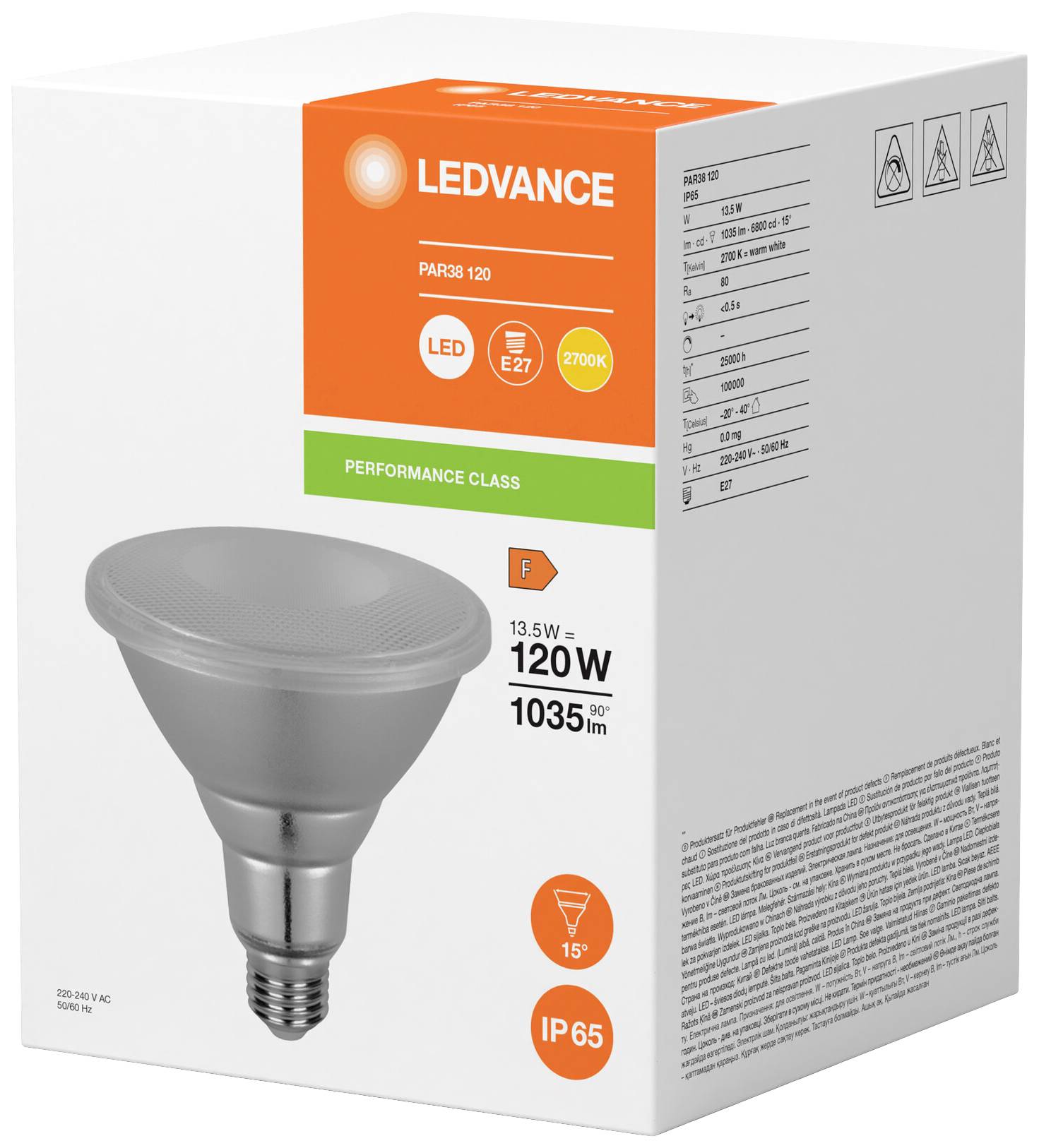Une lampe LED dans son emballage d'origine. Détails sur la boîte : Culot E27, 120W, 1035 lumens, 2700K, Classe énergétique F, IP65.