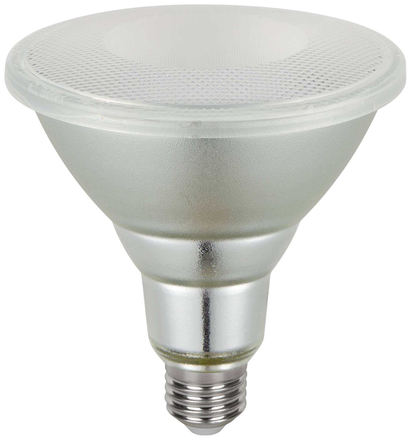 Ampoule LED argentée avec large réflecteur, culot à vis à la base. Adaptée pour un éclairage économe en énergie.