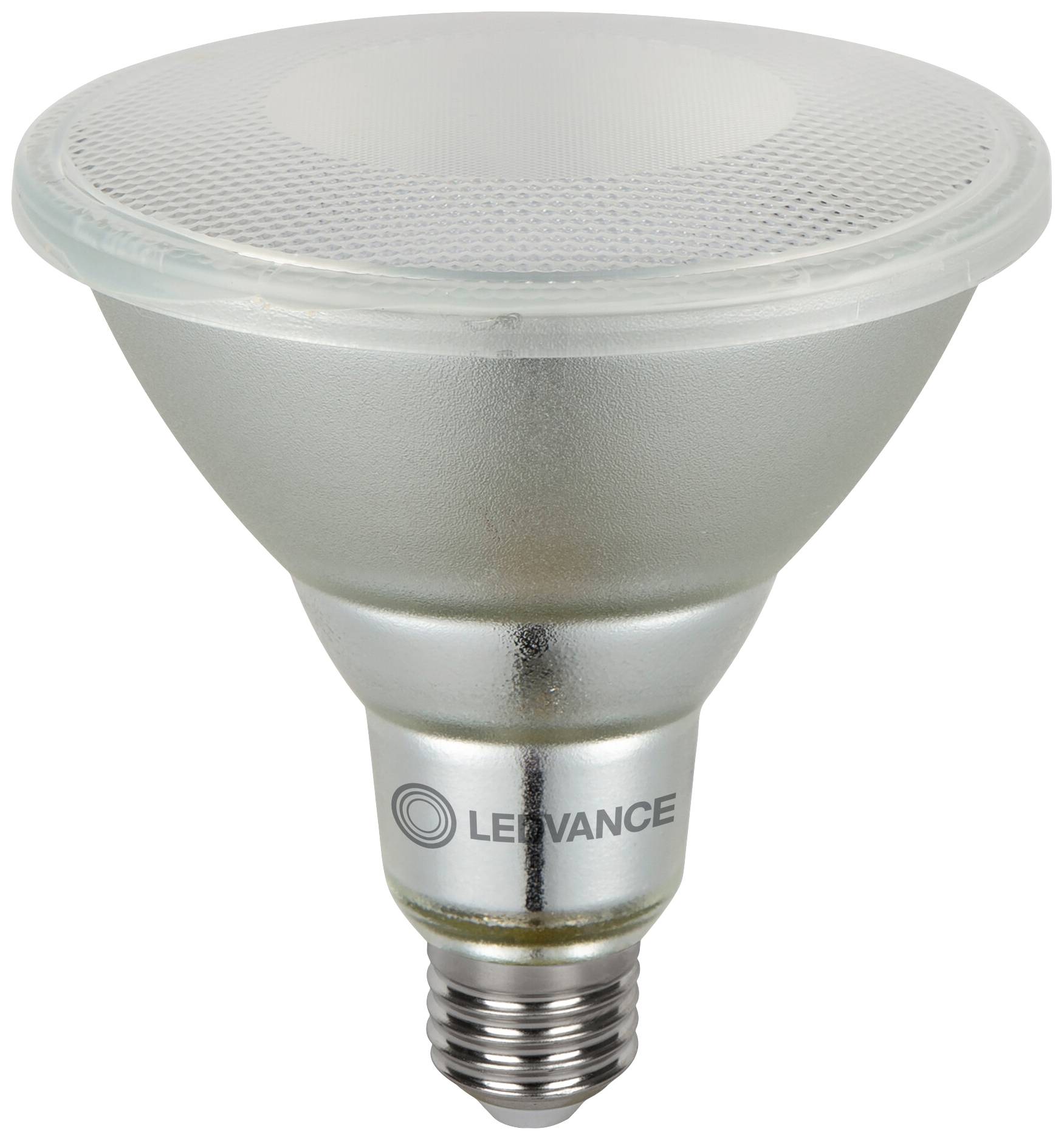 Une lampe LED en forme de réflecteur avec une douille E27. Le logo de la marque 'LEDVANCE' est visible sur la face inférieure.