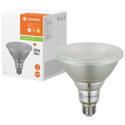 'Lampe LED de Ledvance, PAR38, 120W, 1035 lm, IP65, adaptée aux applications extérieures, présentée à côté de son emballage.'