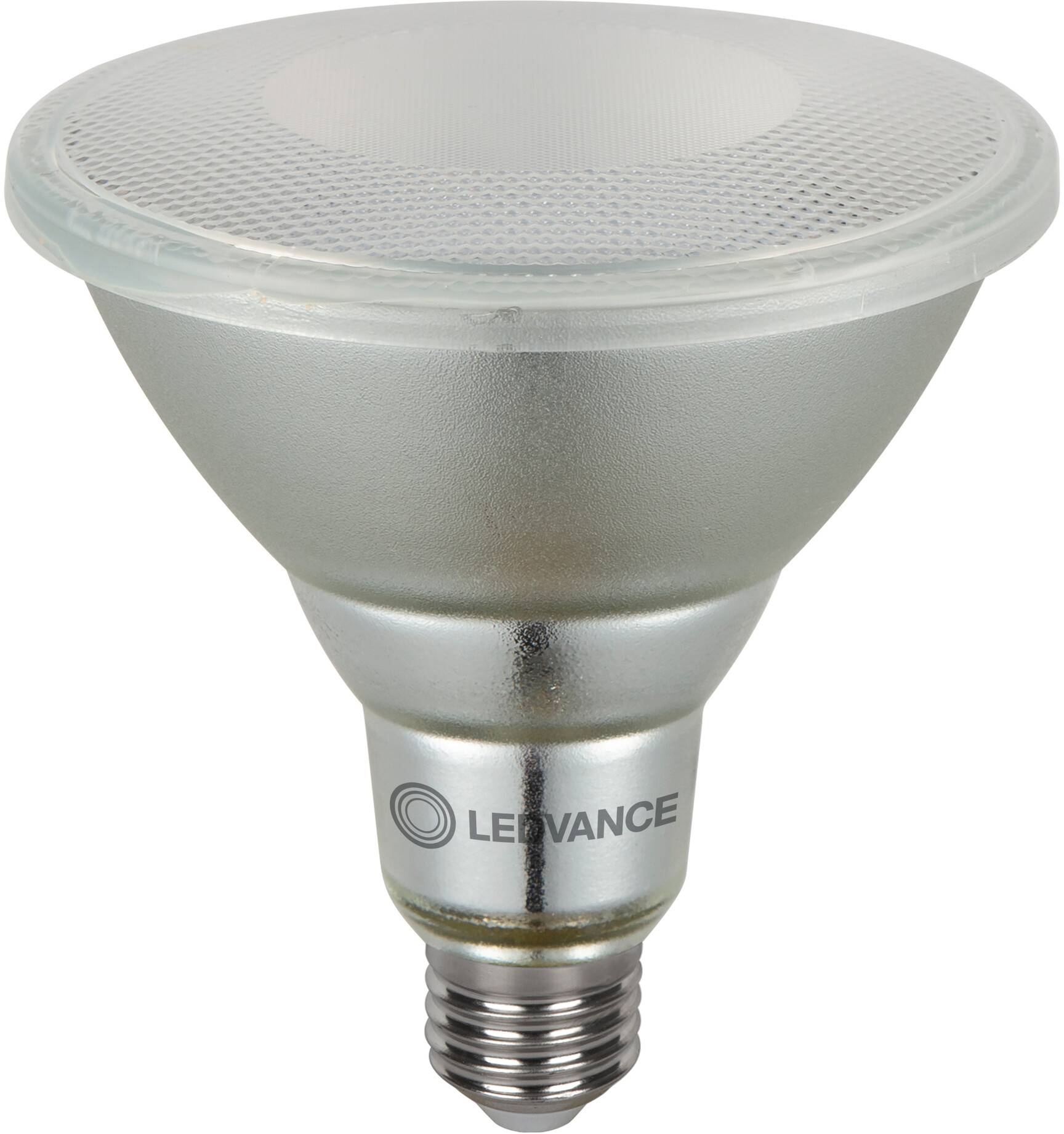 Une lampe LED Ledvance avec douille E27 et boîtier argenté, adaptée à diverses applications d'éclairage.