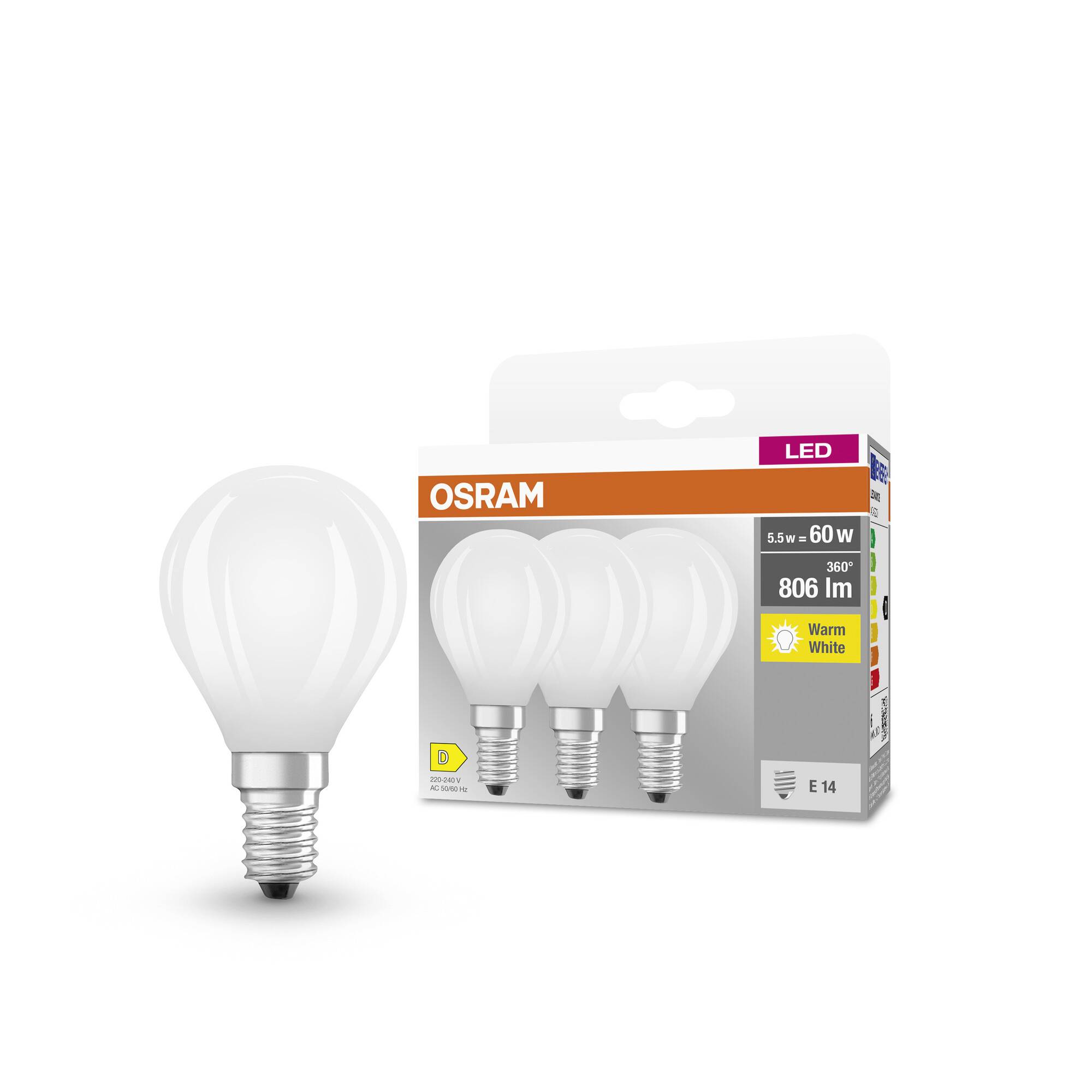 Un emballage contenant trois ampoules LED OSRAM, 60 watts, 806 lumens, lumière chaude, sur une surface blanche.