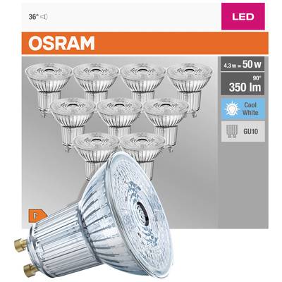 Ampoule LED OSRAM, 4,3 W = 50 W, 350 lumens, angle de faisceau 90°, couleur de lumière 'Blanc Froid', culot GU10, économe en énergie.