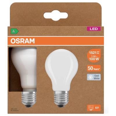 Emballage d'ampoule LED OSRAM montrant une ampoule E27 blanc froid, 7,2W, équivalente à 100W, 1521 lumens et une durée de vie annoncée de 50 ans.