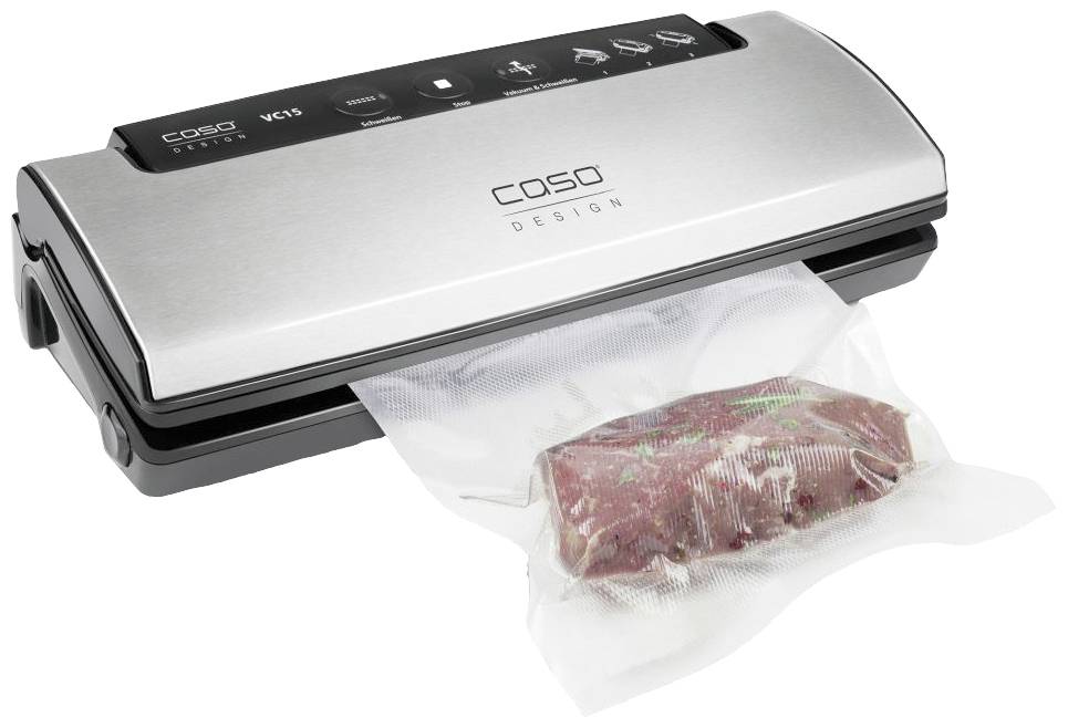 'Le vide-scelleur de Caso Design scelle un morceau de viande crue dans un sac en plastique afin de préserver sa fraîcheur et prolonger sa durée de conservation.'