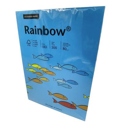 Emballage coloré portant l'inscription 'Rainbow', présentant un design avec des poissons multicolores sur un fond bleu. Contient 500 feuilles de papier A3.