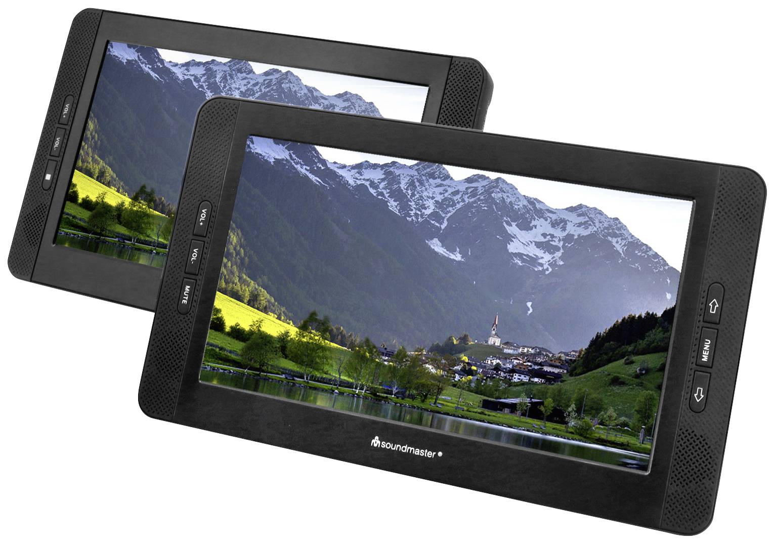 Deux écrans portables, chacun affichant une photo de paysage : une vallée verdoyante, un village, des montagnes enneigées en arrière-plan.