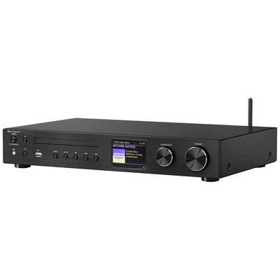 Récepteur Hi-Fi noir avec écran, touches et boutons rotatifs sur la façade, affichant 'Radio Internet ANTENNE BAYERN'.