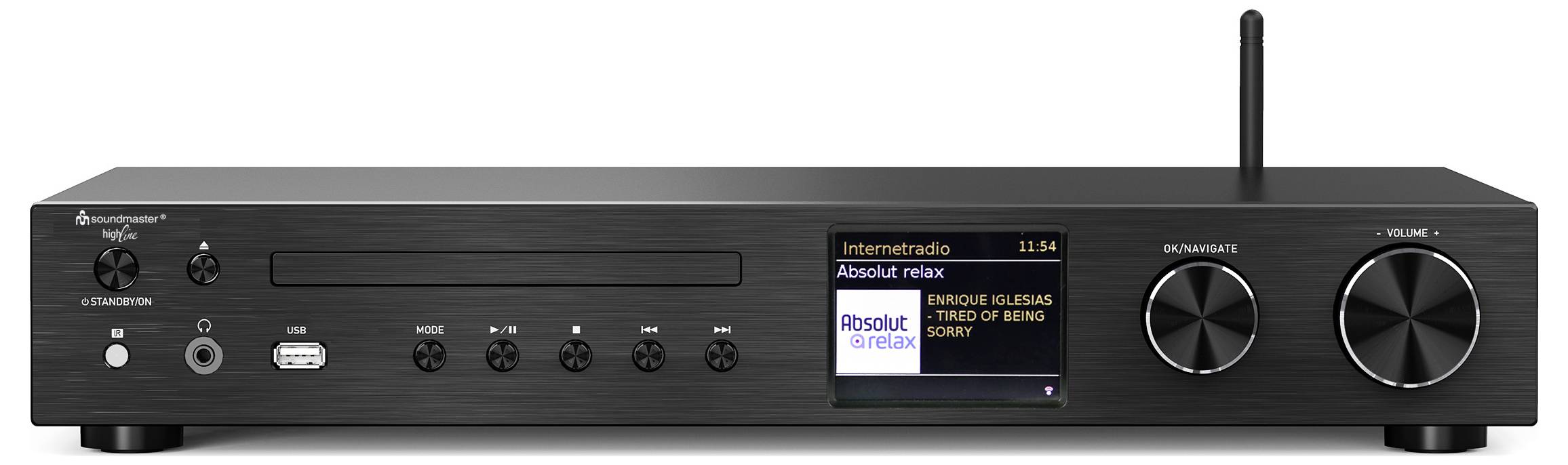 Un élégant récepteur audio noir avec un écran affichant « Internet Radio » et les détails de la chanson en cours de lecture. Doté de boutons de commande et d'un port USB.