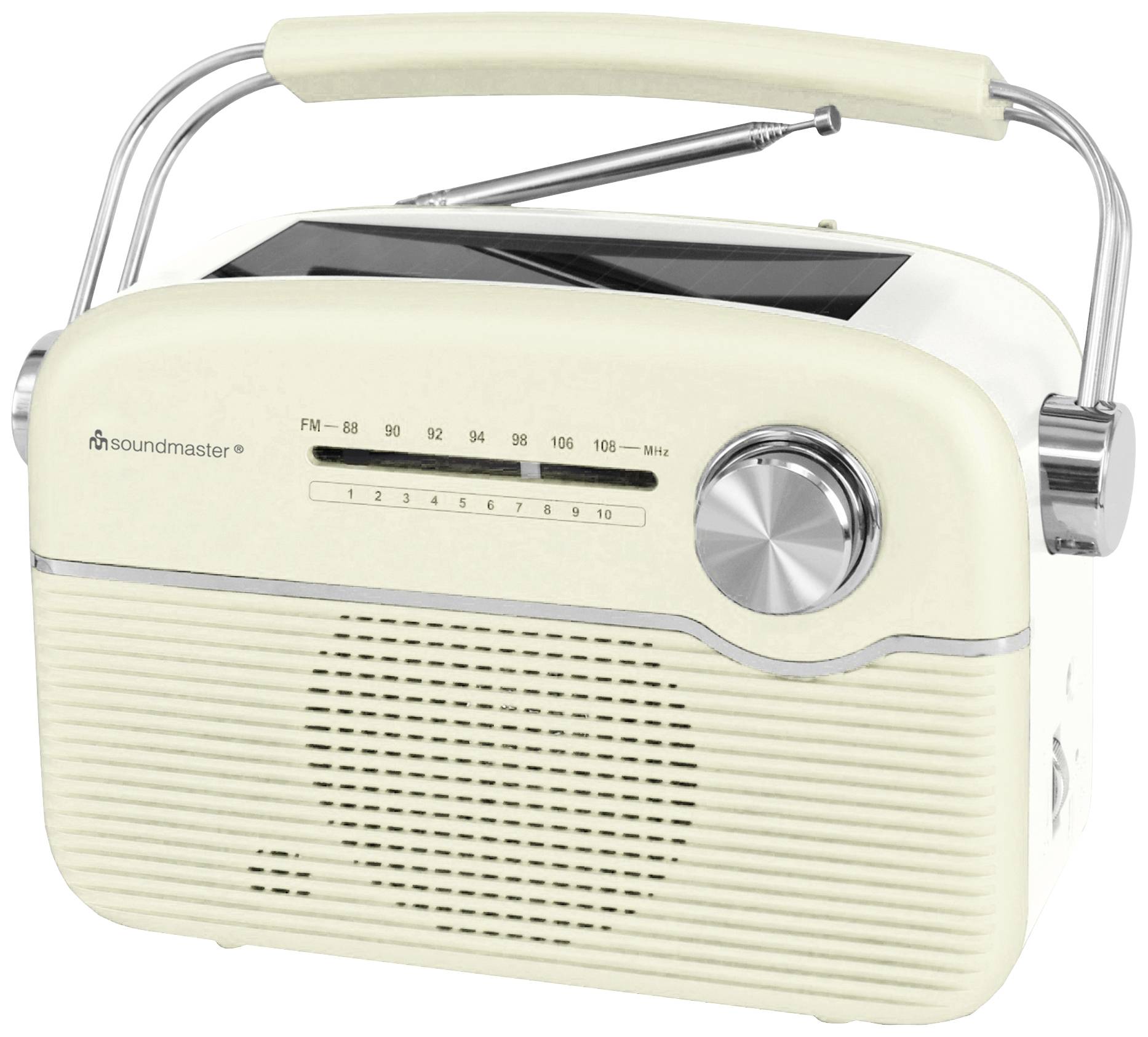 Un poste de radio rétro couleur crème avec un bouton d'accord argenté et une poignée, affichant les fréquences FM et des haut-parleurs à l'avant.