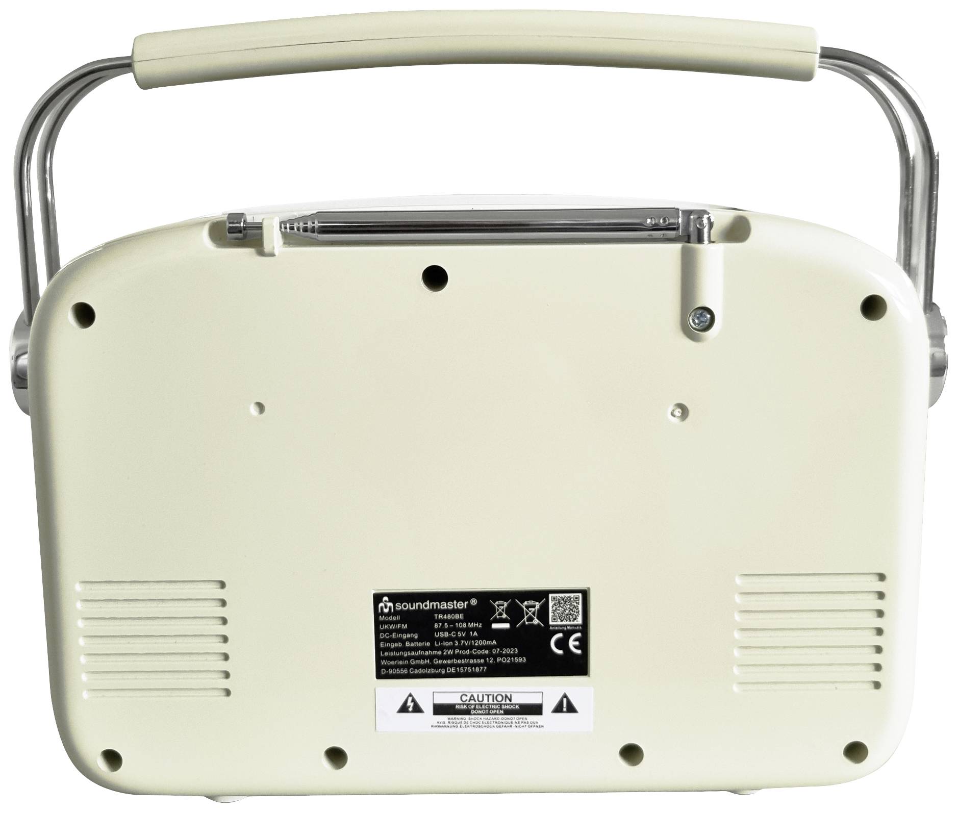 Vue arrière d'un radio portable avec poignée de transport, haut-parleurs et étiquettes contenant des informations techniques et des avertissements.