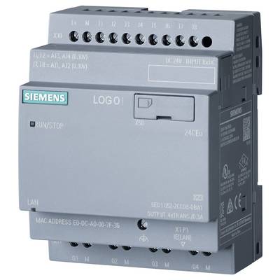 Module logique Siemens LOGO! 24CEo gris avec divers ports d'entrée/sortie et voyants, mettant en évidence le logo de marque et les points de connexion étiquetés.