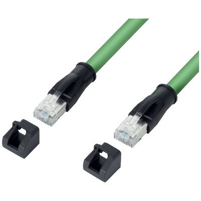 Câble Ethernet vert avec deux connecteurs noirs et des capuchons de protection amovibles, utilisé pour les connexions réseau.
