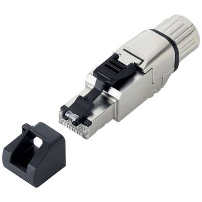 Une fiche RJ45 avec boîtier métallique et verrou noir, à côté d'un capuchon noir. Adaptée pour les connexions de câbles réseau.