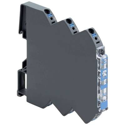 Un module électronique étroit, noir, portant des marquages bleus et doté de plusieurs points de connexion, couramment utilisé dans les installations industrielles.