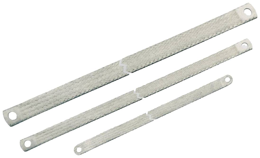 Trois bandes de mise à la terre plates en métal tressé argenté, percées aux extrémités pour des connexions électriques.