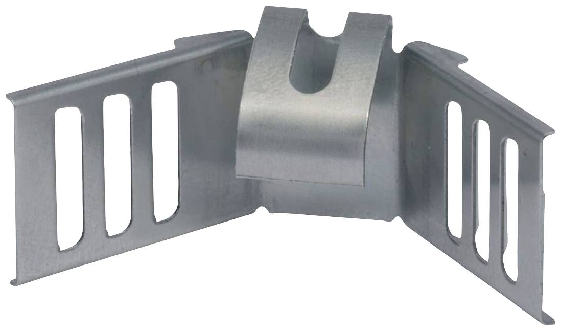 Support d'angle en métal avec quatre fentes rectangulaires sur les côtés, conçu pour la fixation de matériaux ou de structures.