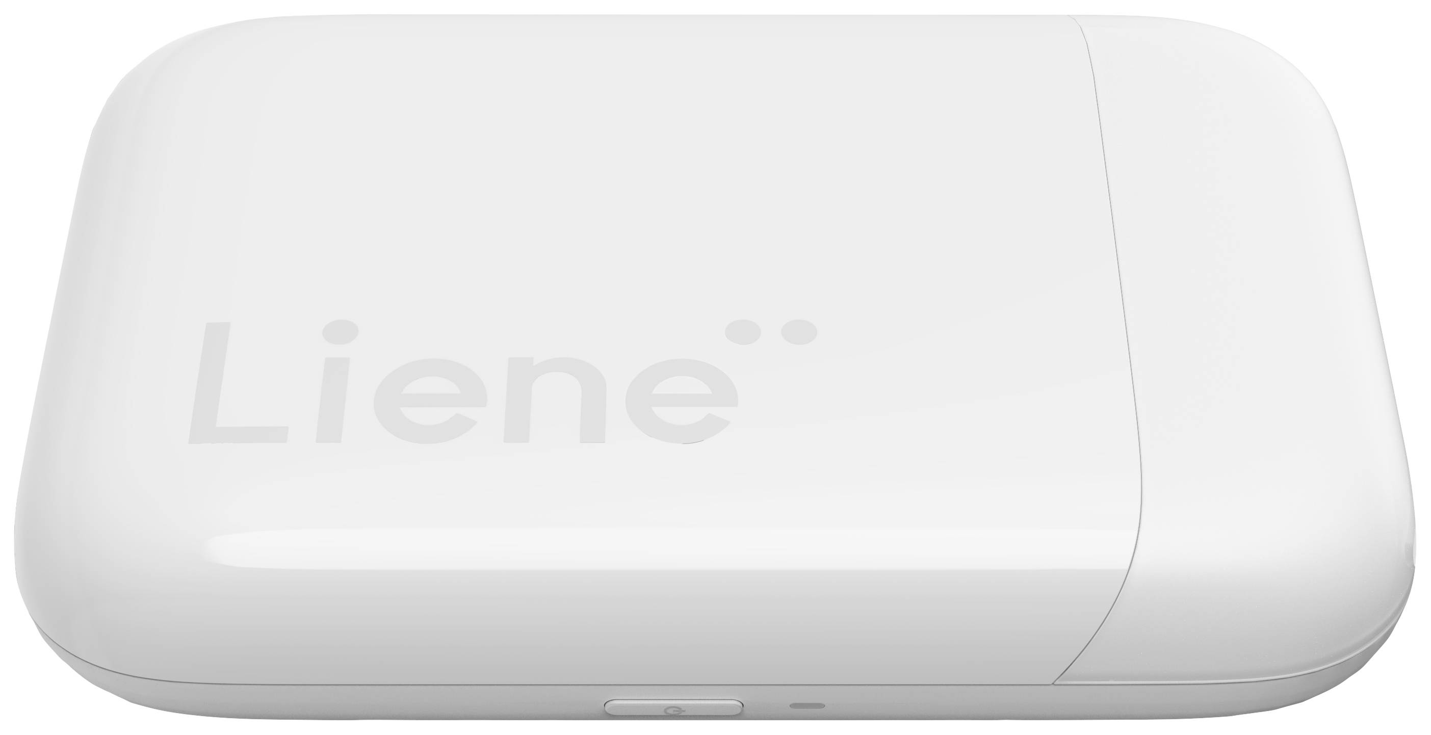 Un imprimante photo portable blanche avec des coins arrondis et le nom de marque 'Liene' en haut à gauche. Adapté pour l'impression mobile.