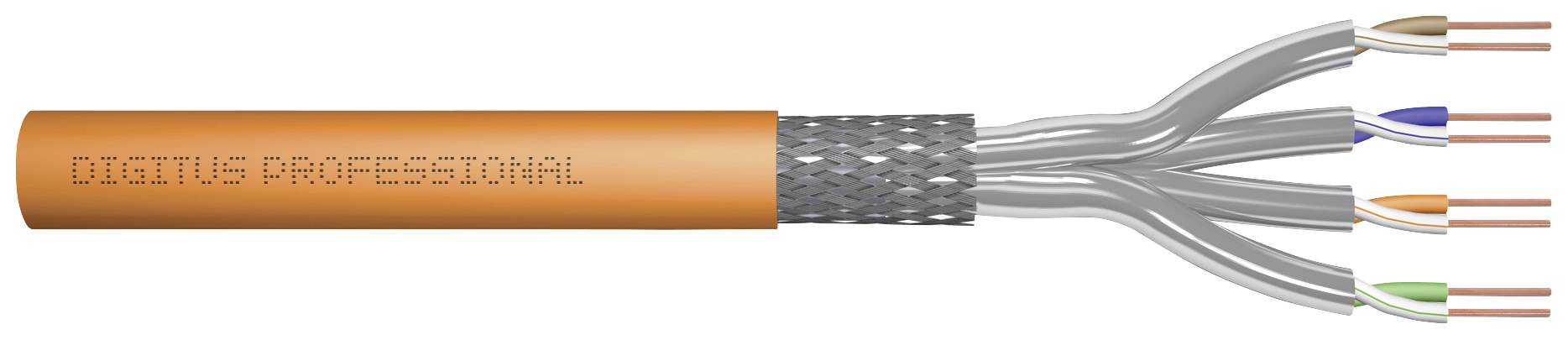 Un câble orange portant l'inscription 'Digitus Professional', contenant quatre fils blindés de couleurs verte, bleue, blanche et marron.