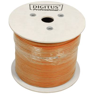 Une grande bobine de câble ronde contenant un câble orange ; marquée 'Digitus Professional' sur le dessus.