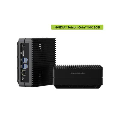 Deux boîtiers d'ordinateur noirs et compacts de seeed studio. Sur le dessus est inscrit « NVIDIA® Jetson Orin™ NX 8 Go ».
