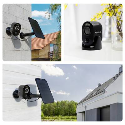 Caméras de sécurité extérieures installées sur différents bâtiments ; deux avec des panneaux solaires, une à l'intérieur près de fleurs jaunes.