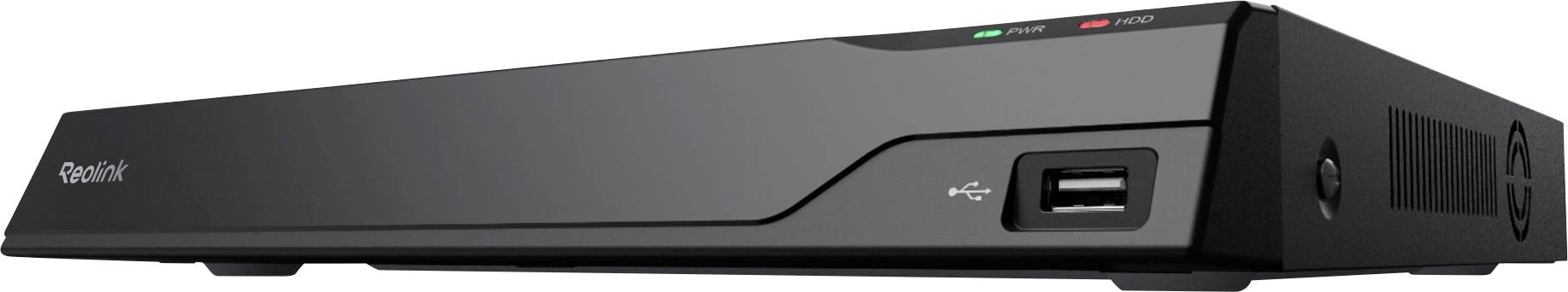 Un enregistreur DVR de caméra de sécurité Reolink noir avec un port USB à l'avant, des voyants lumineux et une ventilation sur le côté.