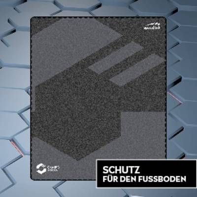 Un tapis de sol noir avec des motifs géométriques est posé sur un fond hexagonal bleu-gris. Texte : 'Protection pour le sol'.