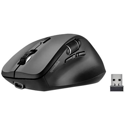 Souris d'ordinateur sans fil noire avec deux boutons latéraux et un récepteur USB, adaptée à une utilisation informatique générale.