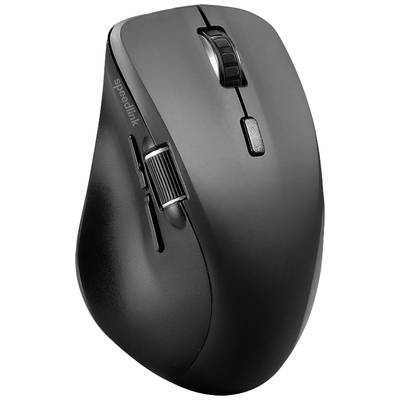 Souris d'ordinateur sans fil ergonomique en noir, avec molette de défilement et boutons latéraux, pour une navigation précise et un confort optimal au travail.