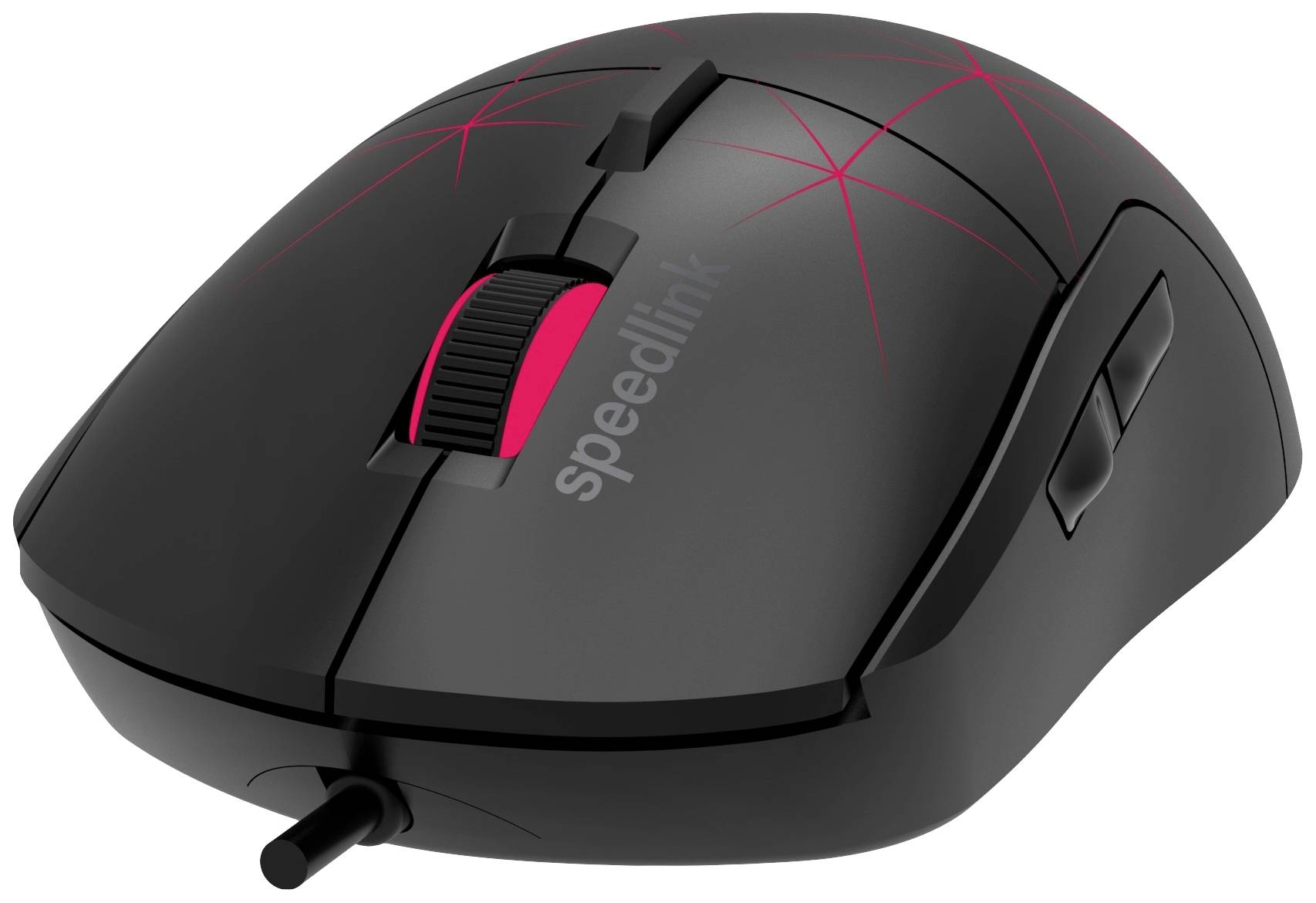 Une souris d'ordinateur noire avec des accents rouge vif et une molette de défilement rouge. La marque 'speedlink' est visible sur la surface.