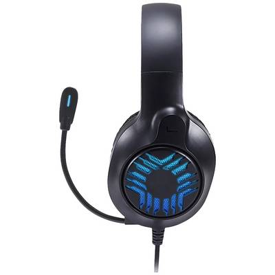 Casque de gaming noir avec des coques d'oreille rétroéclairées en bleu et un bras de microphone flexible.