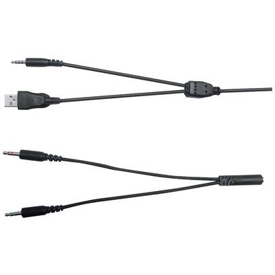 Câble doté d'un connecteur USB et de deux fiches audio de 3,5 mm pour microphone et casque, adapté à la transmission audio et de données.