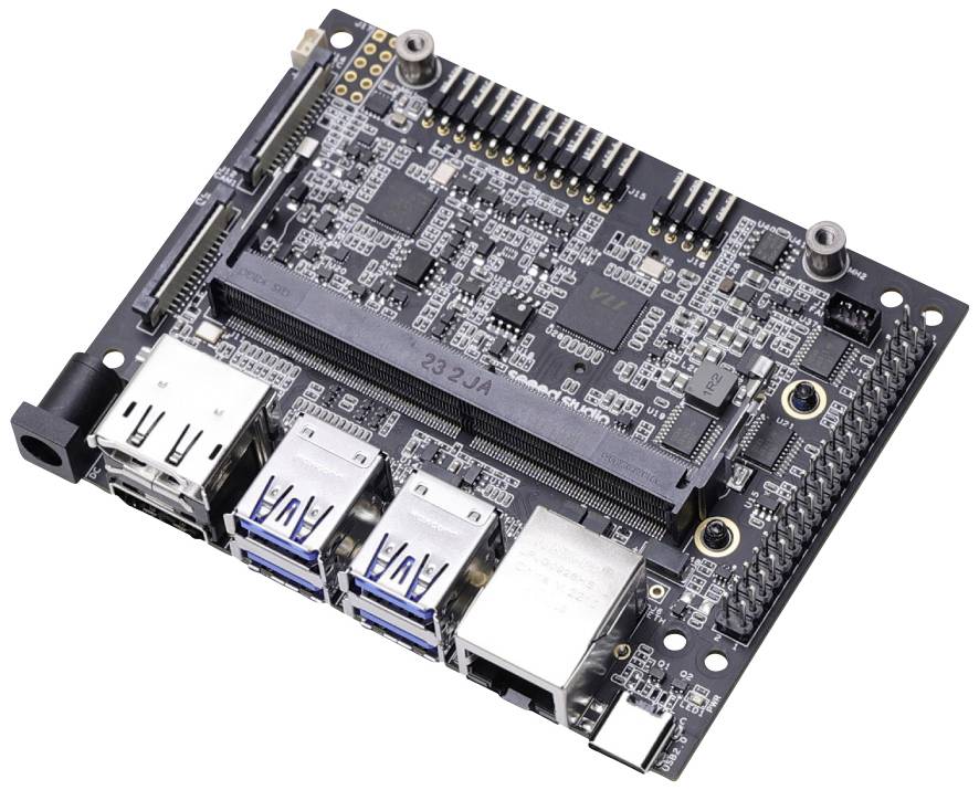 Un ordinateur monocarte avec plusieurs ports USB, un port Ethernet et d'autres interfaces sur une petite carte électronique.