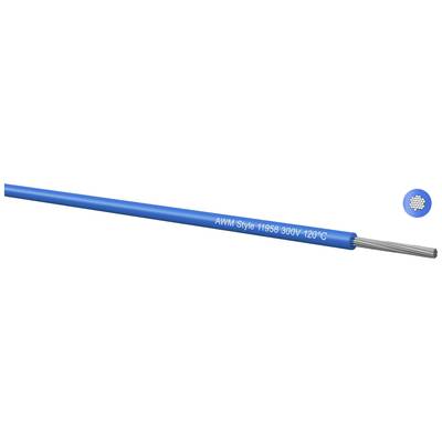 Câble bleu portant l'inscription 'AWM Style 11656 300V 120°C', conçu pour les hautes températures, avec des fils de cuivre visibles à une extrémité.