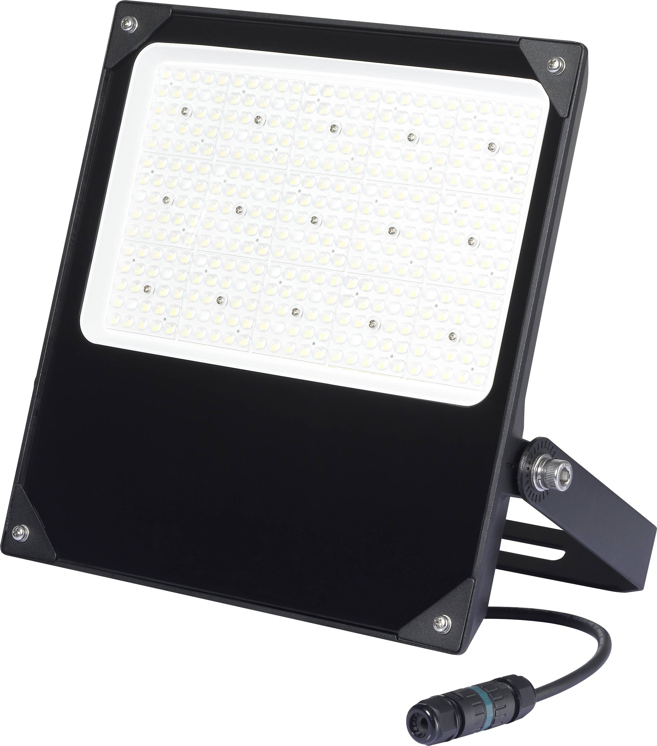 Projecteur de projecteur LED, boîtier noir, forme carrée, LED visibles, câble d'alimentation en bas.
