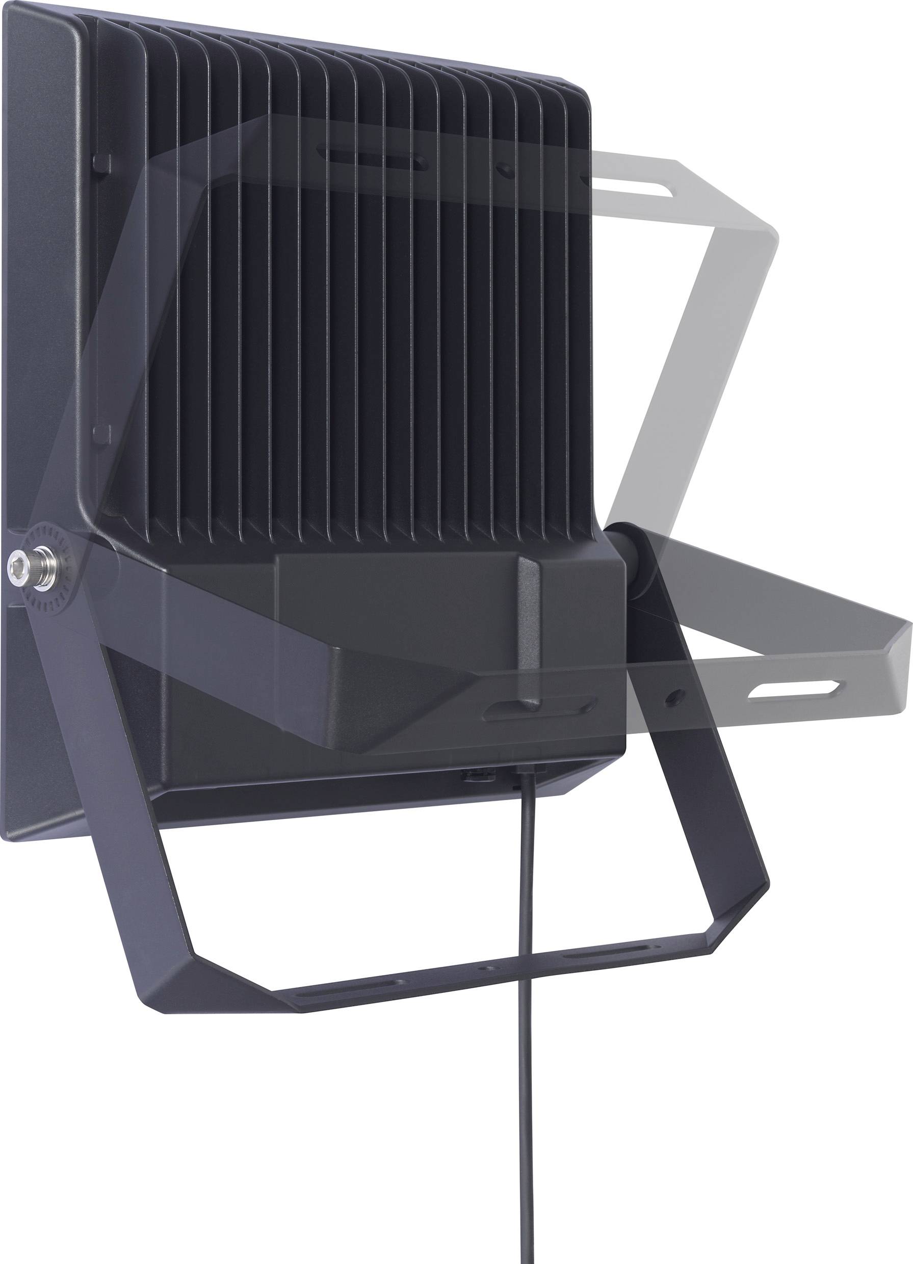 Un projecteur LED noir avec support réglable, adapté à l'éclairage extérieur.