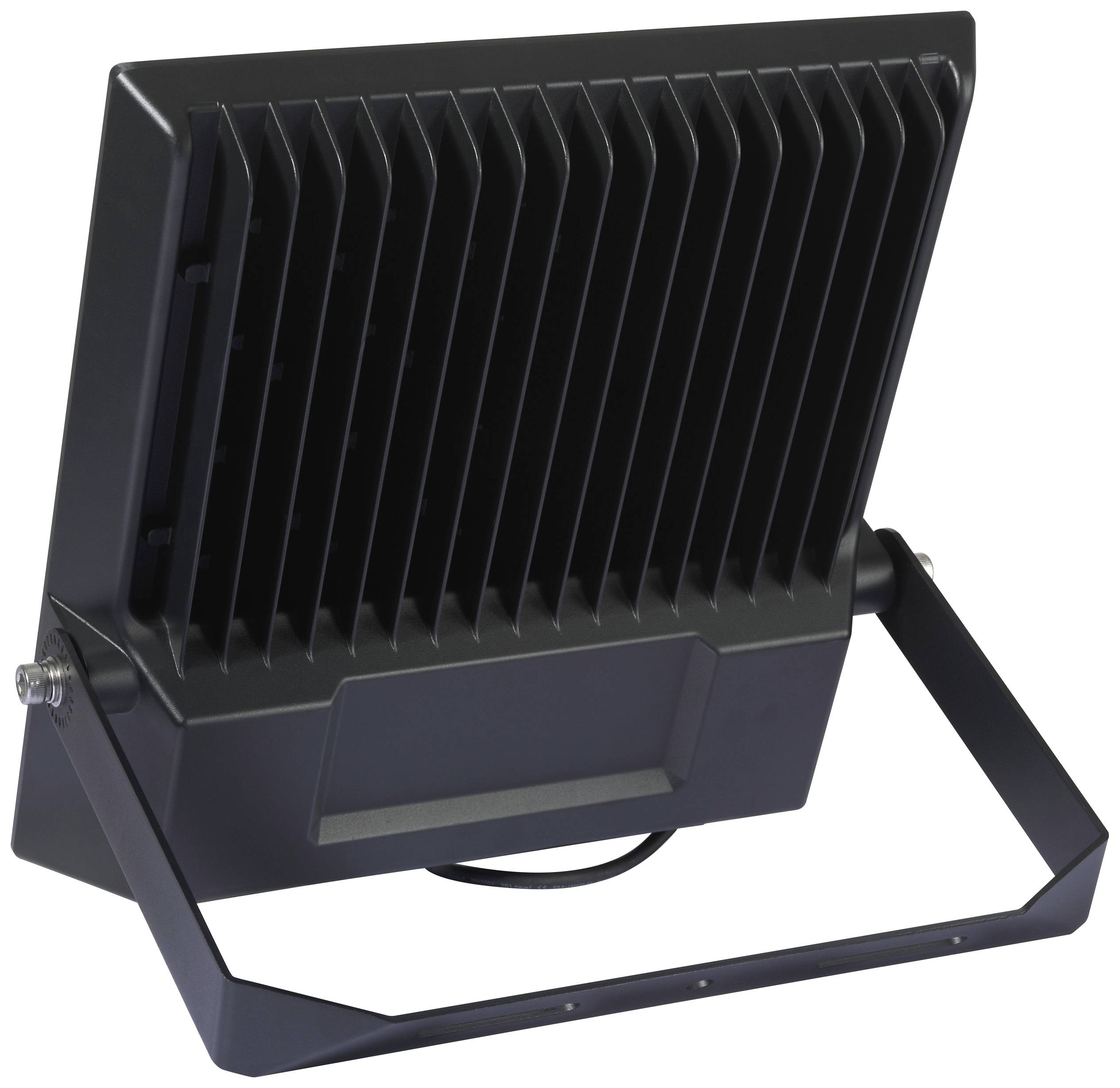 Projecteur LED noir à surface arrière nervurée et support réglable, adapté à l'éclairage extérieur.