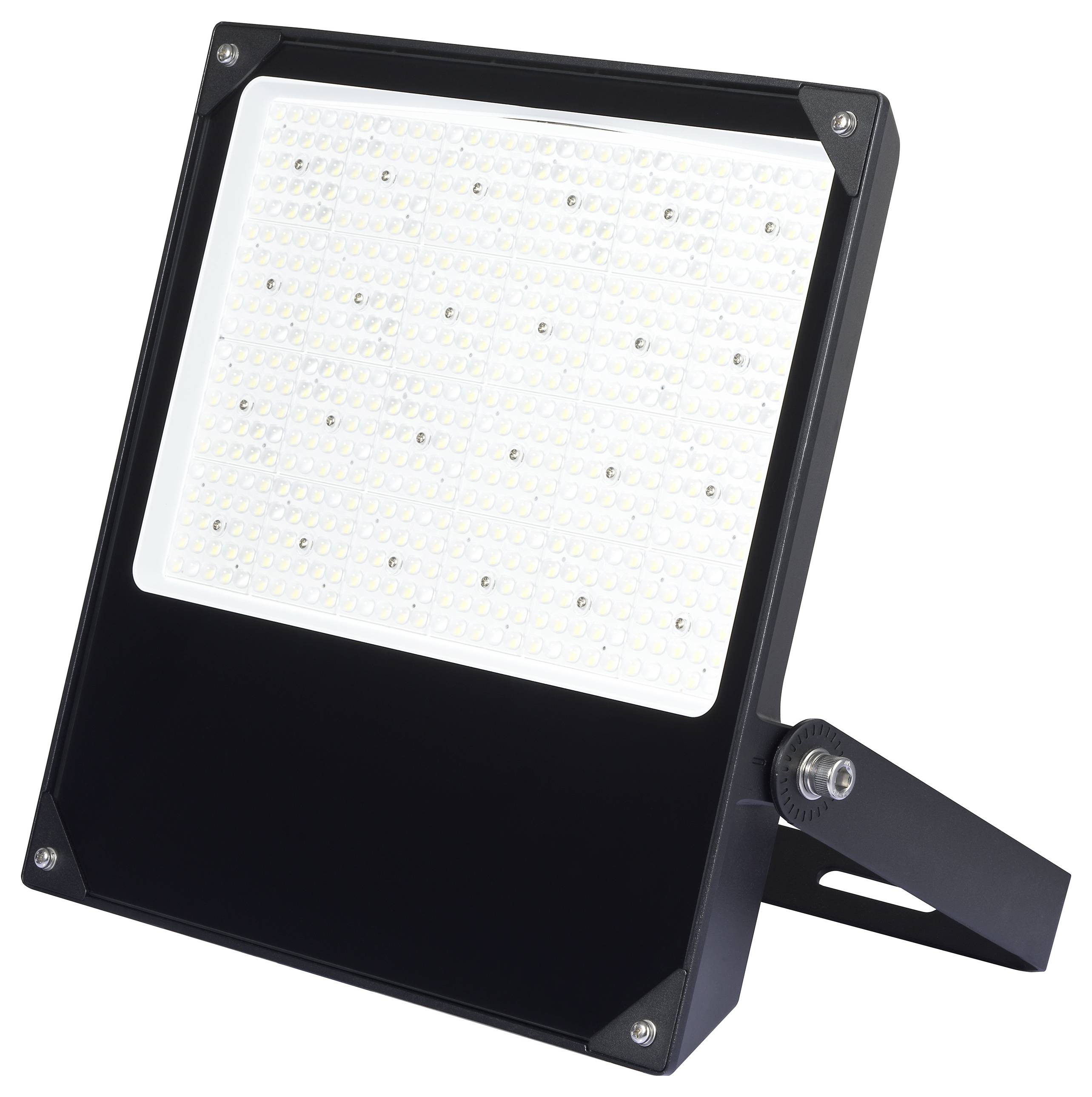 Un projecteur noir à LED avec un cadre rectangulaire et de nombreuses petites LED sur la façade.