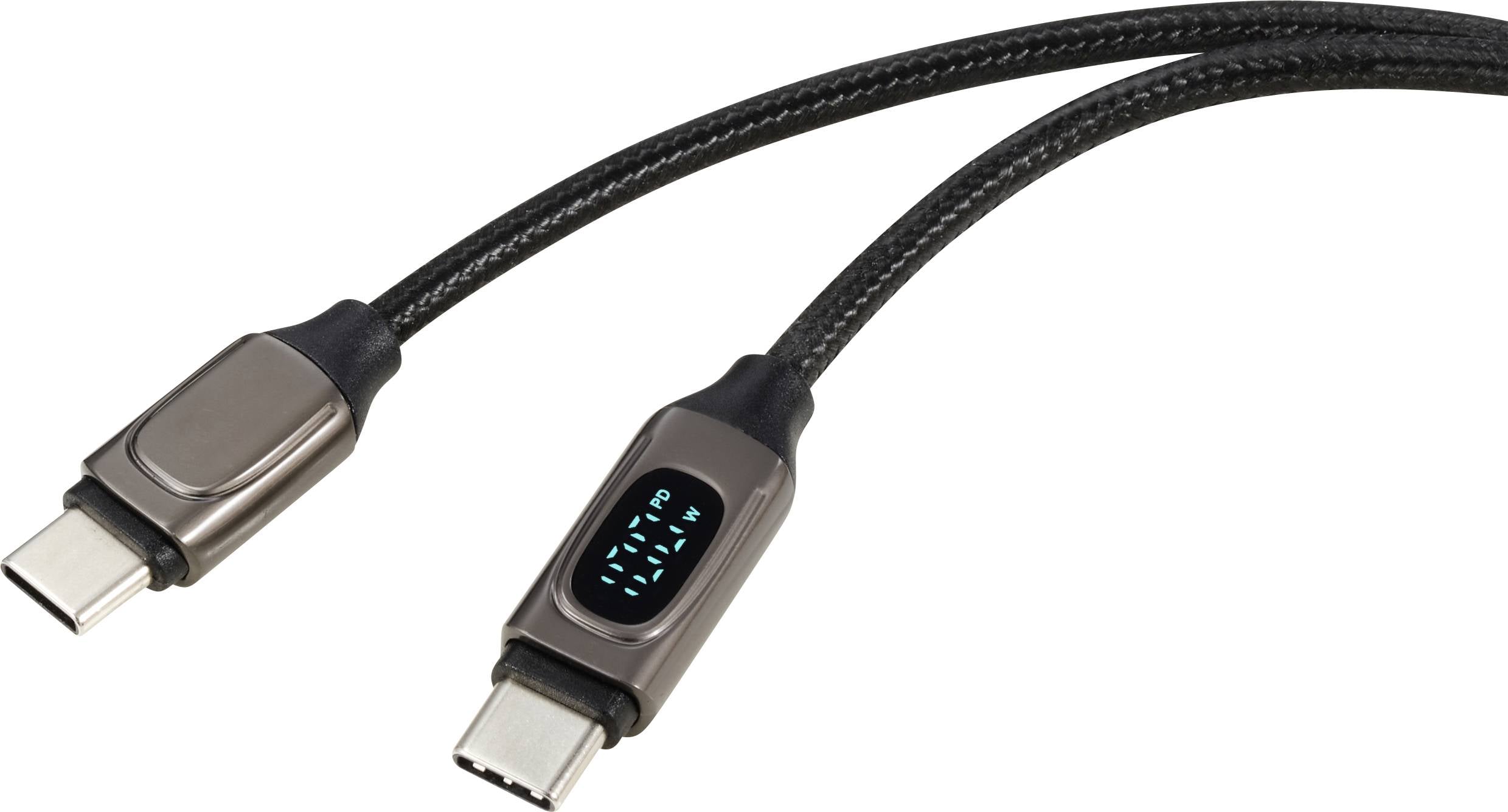 Un câble USB-C avec deux connecteurs, adapté pour le chargement ou le transfert de données. Les deux extrémités sont robustes et renforcées.