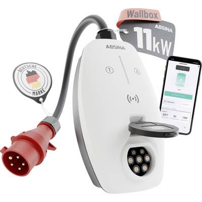 Chargeur pour véhicule électrique Wallbox ABSINA 11 kW avec câble de recharge, prise de courant rouge et affichage du contrôle par application smartphone.