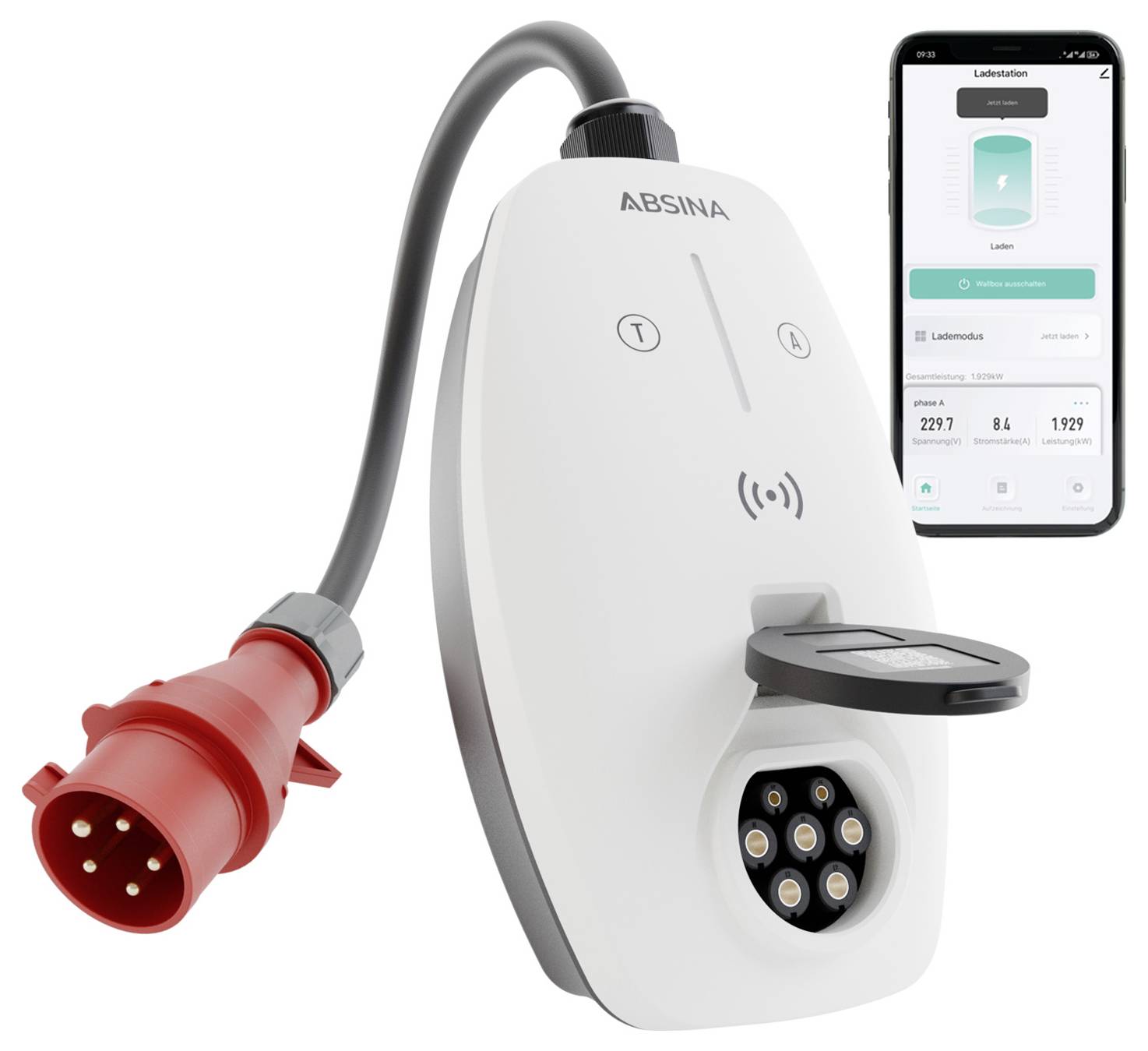 Chargeur EV portable ABSINA avec prise industrielle rouge, unité murale, connecteur de charge et affichage d'application smartphone montrant l'état de charge.