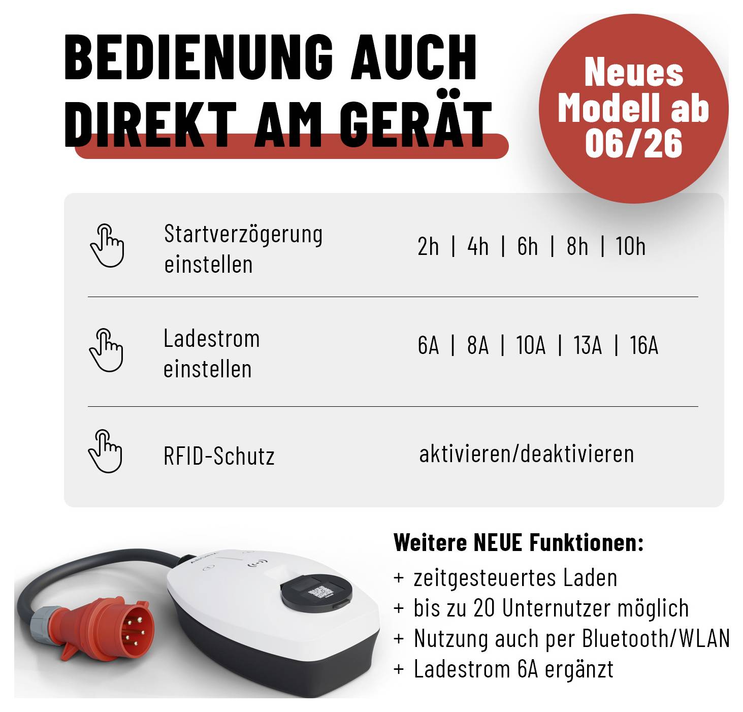 Graphique publicitaire pour un contrôleur de chargeur avec les fonctions délai de démarrage 2h à 10h, courant de charge 6A à 16A et protection RFID ; remarque « Nouveau modèle à partir de 06/26 » et d'autres nouvelles fonctions.