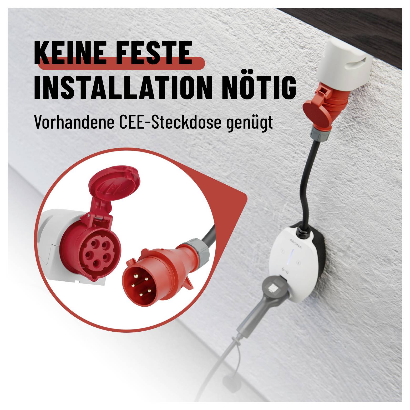 Graphique publicitaire avec le texte « AUCUNE INSTALLATION FIXE REQUISE » et « Une prise CEE existante suffit » ; montrant un adaptateur de charge connecté au mur avec une fiche CEE.