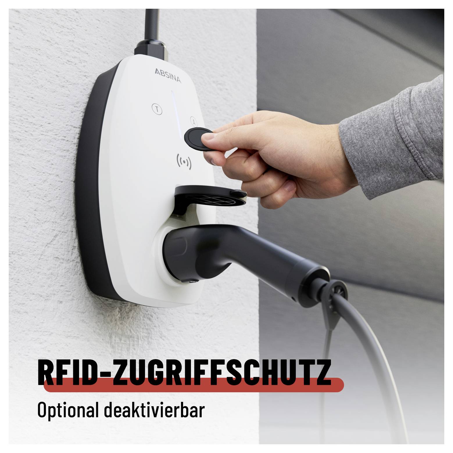 Main déverrouille une Wallbox avec une carte RFID; Texte: 'PROTECTION D'ACCÈS RFID' et 'Désactivable en option'.