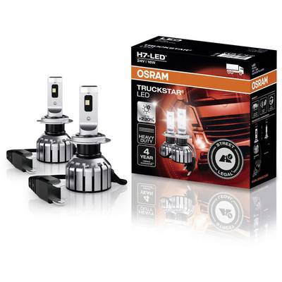 Deux ampoules LED Osram Truckstar à côté de leur emballage. Sur l'emballage sont représentés un camion et du texte relatif à la luminosité, à la durabilité et à la légalité.