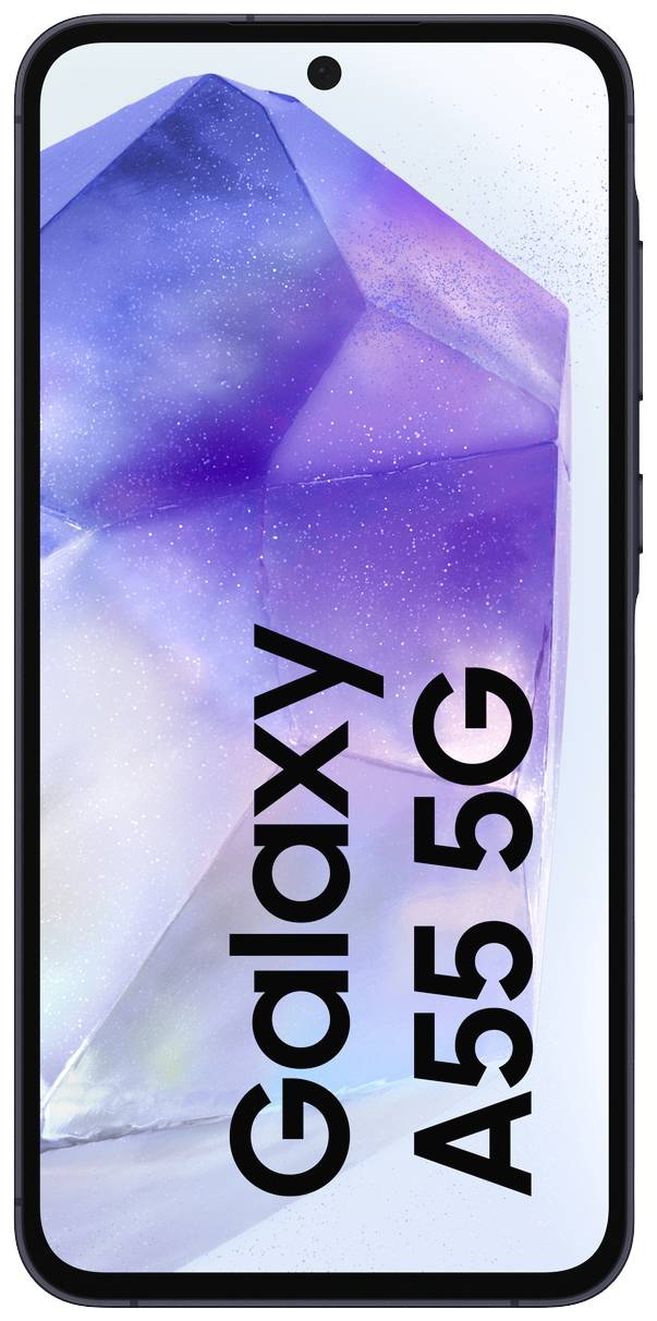 Smartphone avec un arrière-plan violet, cristallin, sur l'écran et l'inscription 'Galaxy A55 5G' en écriture verticale.