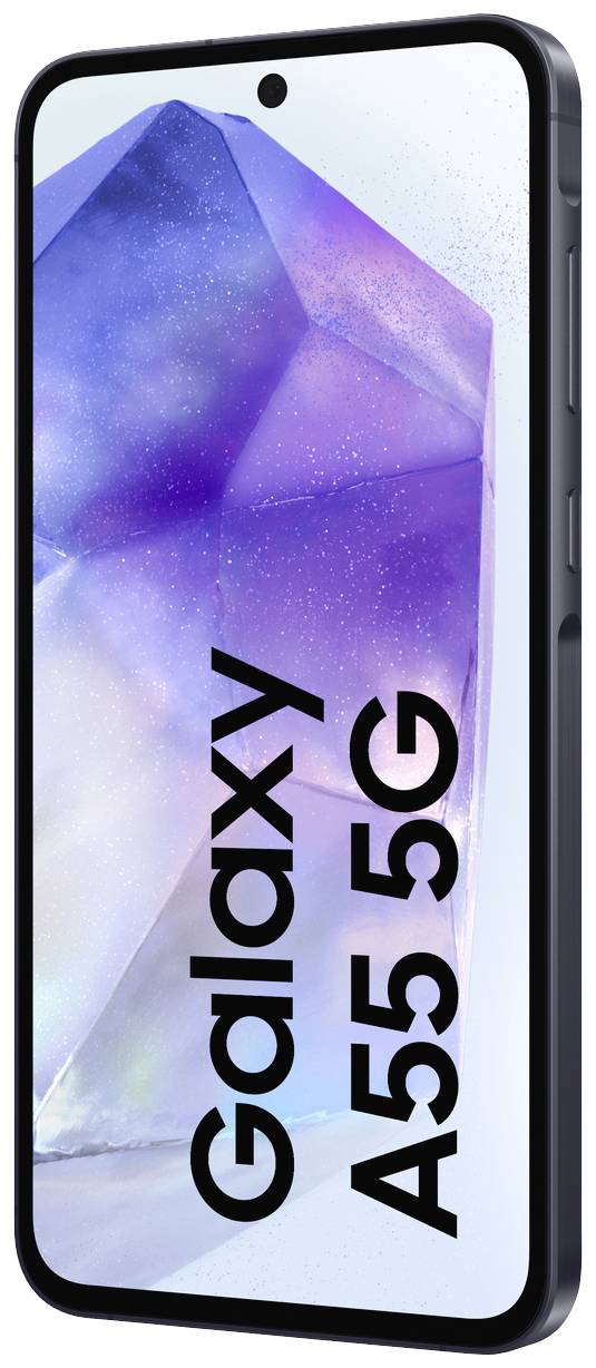 Smartphone avec un écran affichant 'Galaxy A55 5G'. Style de design avancé et moderne dans des tons de violet et de bleu.