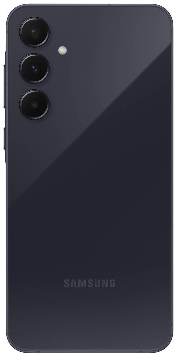 Un smartphone noir vu de dos avec trois objectifs de caméra et un flash en haut à gauche. Le logo Samsung est visible au centre en bas.